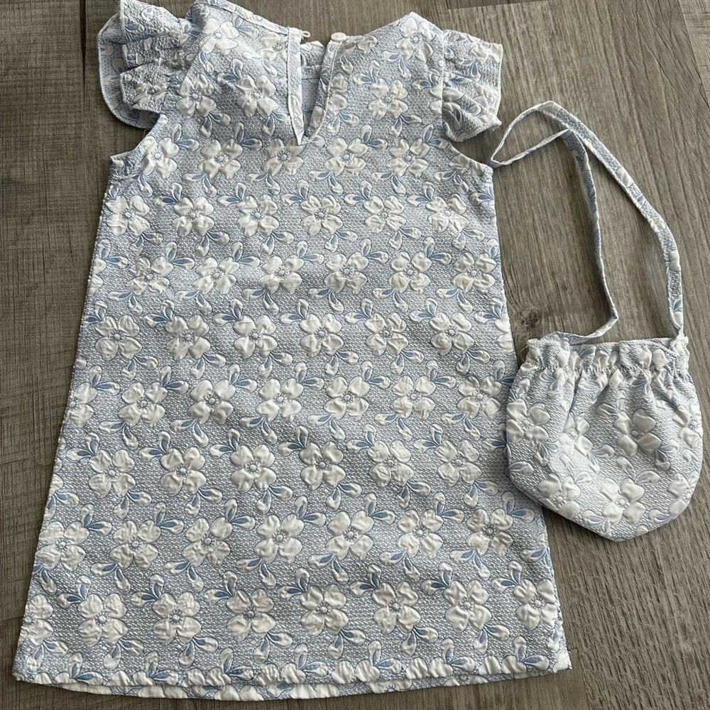 NWOT brand new baby girl blue-white Floral Dress with Matching Bag 12-18 months